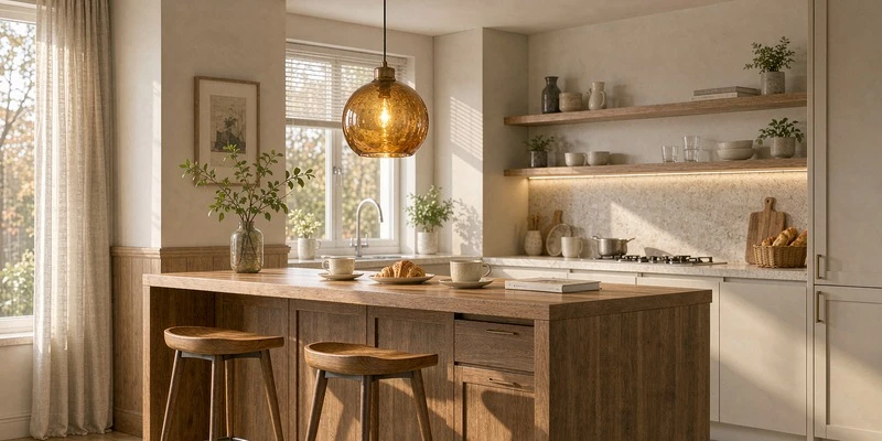 Amber glass globe pendant over a breakfast bar Amber glass globe pendant over a breakfast bar